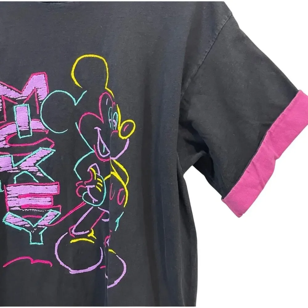 Disney Mickey Mouse 90’s Vintage Neon Pink Black Tee Shirt One Size Fit All - Picture 4 of 7